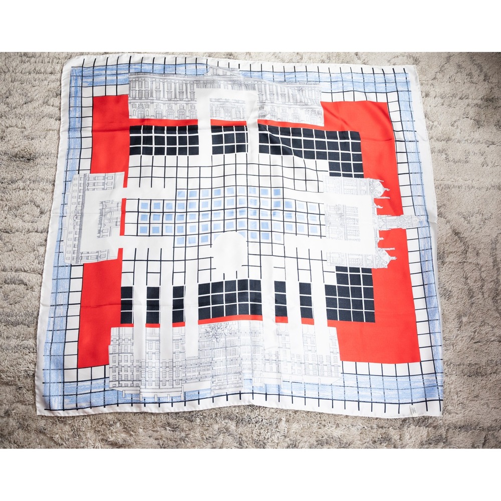 Vintage Silk Scarf Womens OS White Red Blue Excellent Architectural Grid Square
